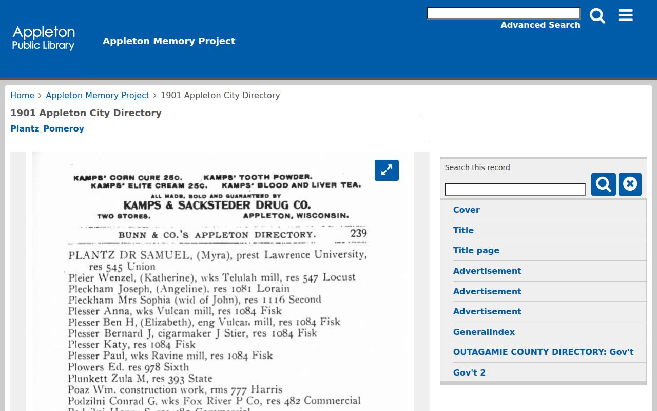 Sample 1901 historical directory entry with spouse occupation and residence fields